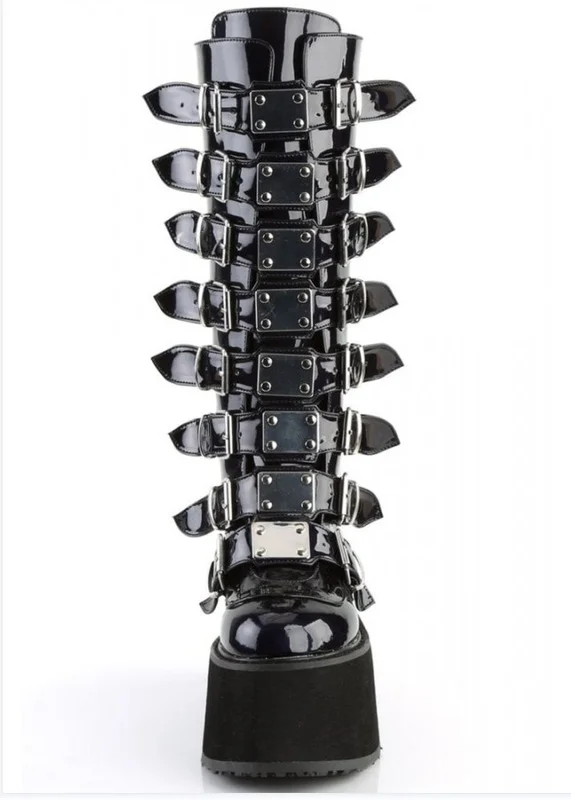 

2021 INS Black Women Platform High Heel Wedges Thick Heel Metal Buckle Mid Calf Boots Zipper Brand Punk Goth Round Toe women's
