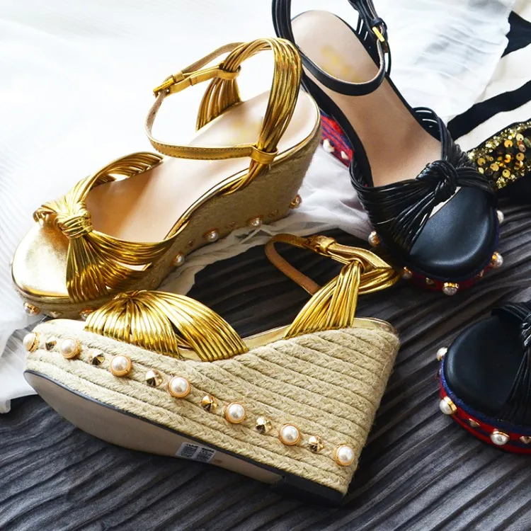 

Women Platform Wedge Sandals Open Toe Knotted Strappy Leather Gold Shoes Summer Stra Braid Pearl Sandals Women Dress Shoes