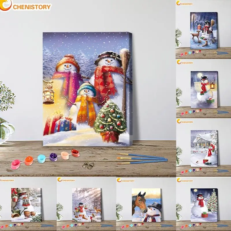 

CHENISTORY Pictures By Number Snowman Kits Home Decor Painting By Number Winter Landscape Drawing On Canvas Handpainted Art Gift