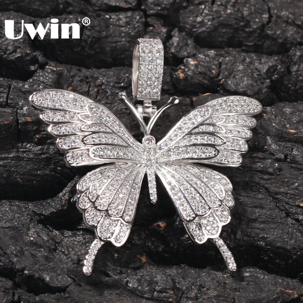 

UWIN Fashion Charm Butterfly Pendant Necklace Paved Iced Out AAA Cubic Zirconia Chain Men Hiphop Jewelry For Gift