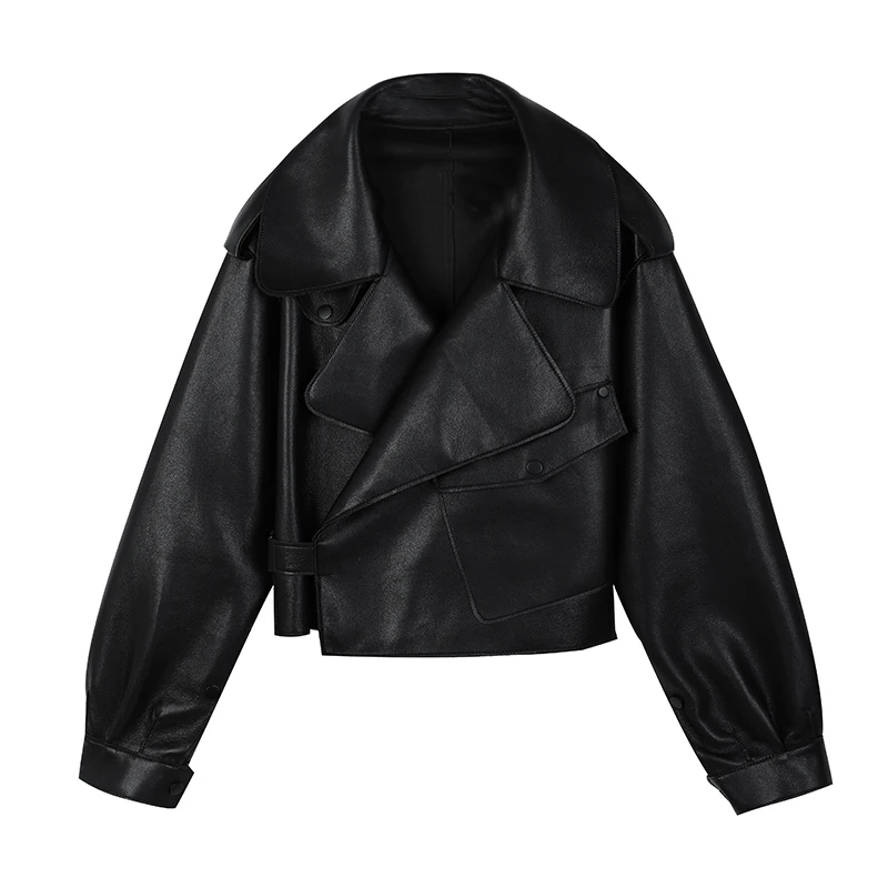 Casual PU Loose Motorcycle Jackets cropped Faux Leather Jacket Women Female Streetwear Short Coat Korean Chic Pockets