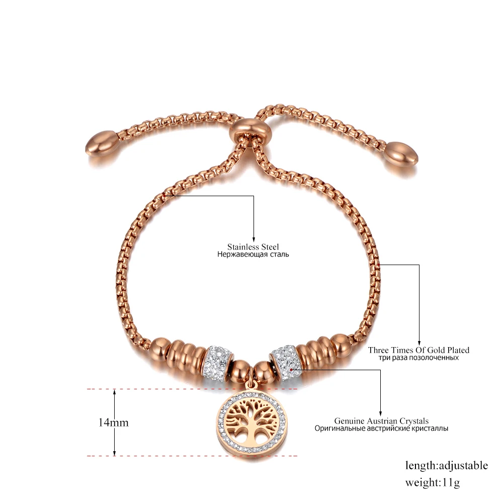 Lokaer Titanium Stainless Steel Mosaic Crytal Tree Charm Bracelets For Women Rose Gold Adjustable Chain &amp Link Bracelet B20055 |