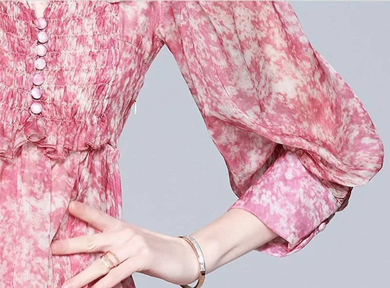 

2021 Summer fashion Elegant women Printed Chiffon Party Beach Dress Lantern Sleeve V-Neck Ruffles Dresses