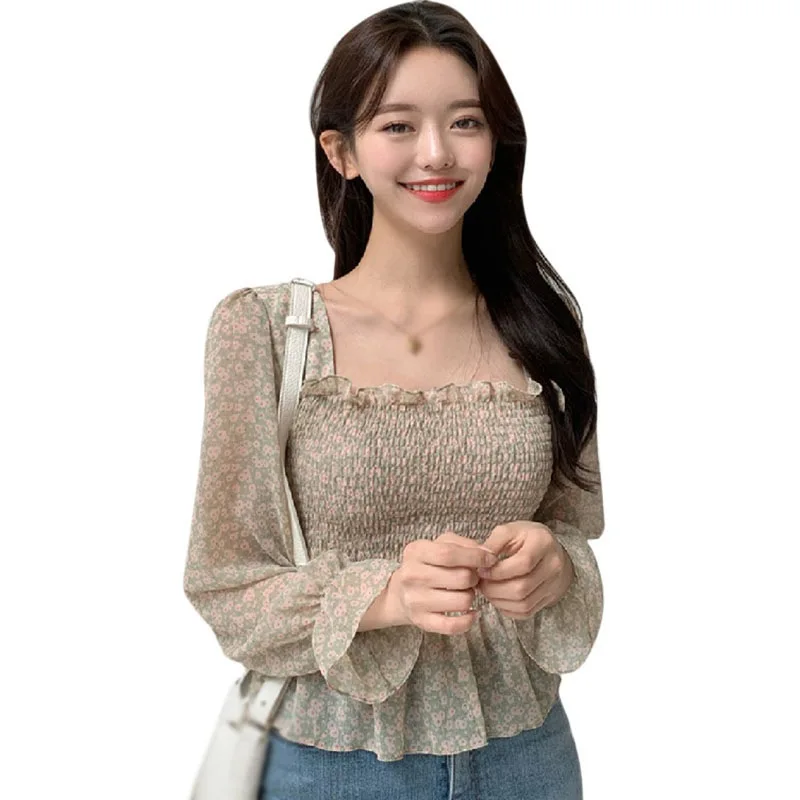

Sexy Blouse For Women Korean Floral Tops Square Collar Early Spring Autumn Halter Bubble Chiffon Shirt Light Green L B