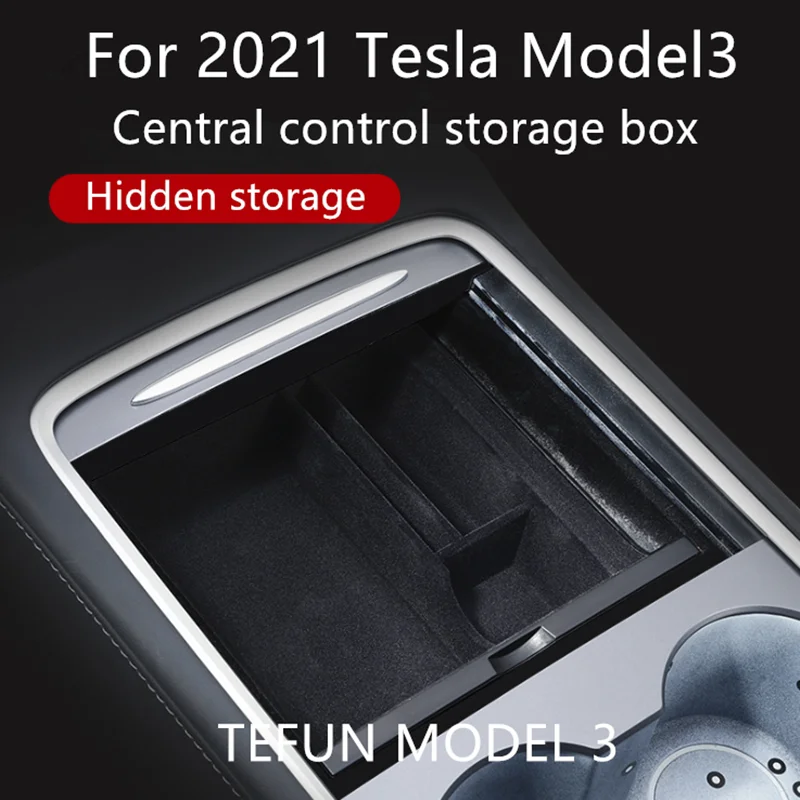 TEFUN For Tesla Model 3 Y 2021 Storage Box Car Central Armrest Flocking/ABS Storage Box Organizer Model 3 2021 Accessories