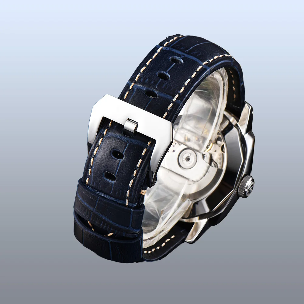 BOMAX MARINA Men's Watch 44mm Automatic Stainless Steel Polished Case High Quality Leather Strap Luminous Hand S54 | Наручные часы