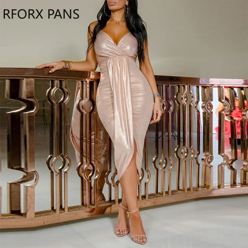 Women Chic Solid Sleeveless Bodycon Spaghetti Strap Cross Midi Party Silt Sexy Dress