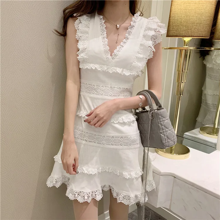 

New hollow hook lace stitching waist sleeveless V neck lotus leaf fish tail dress F1246