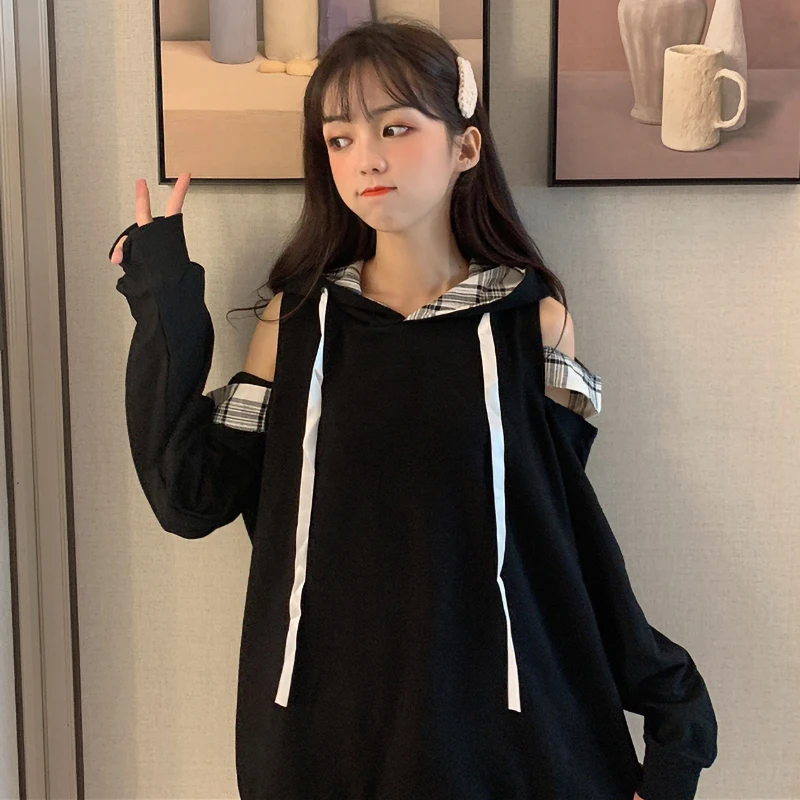 Черный Япония Косплей каваи толстовки Harajuku Лолита милые с открытыми плечами клетчатые женские розовые Кофты модные на шнуровке Сексуальные Девушки пуловер - Цвет: Черный