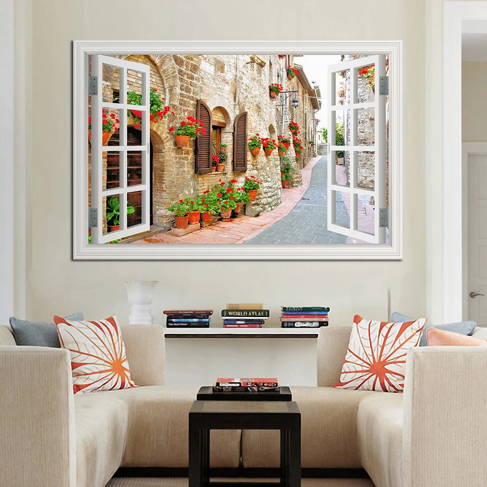 Modern Wall Art Poster 3D Window View European Town Street Canvas Print Wallpaper Decor for Living Room Bedroom Home | Дом и сад
