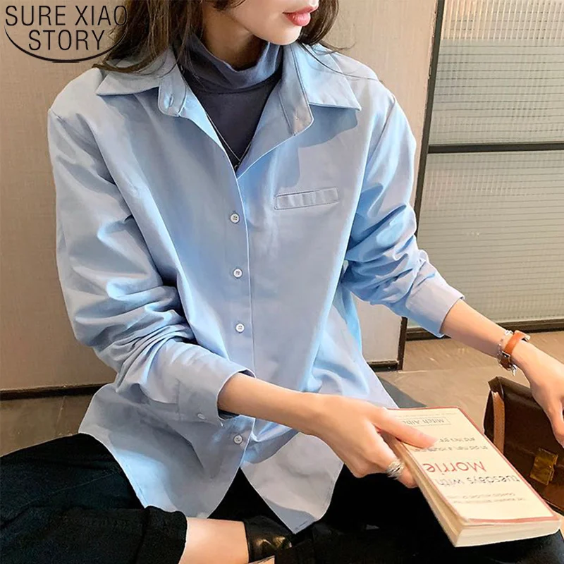 

Autumn Cotton Shirts Women Blue Long Sleeve Blouse 2023 New Simple Solid Color Casual Loose Button Up Shirt Clothes Blusas 17634