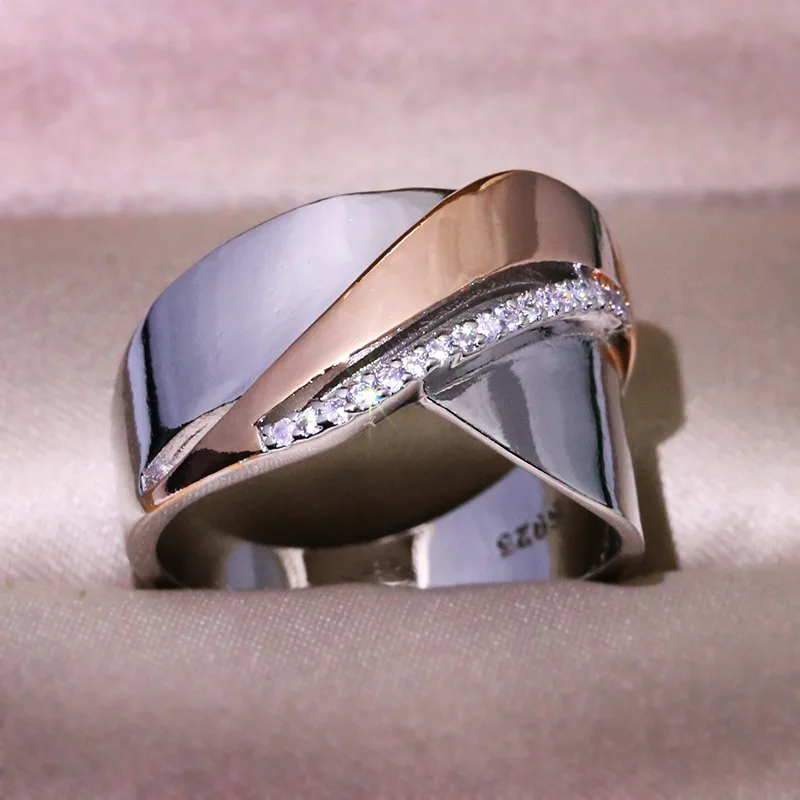 

2021 Hot Rose Gold/Silver Color Double Color Rings For Women Men Luxury Zircon Criss Cross Statement Jewelry Wedding Party Gifts