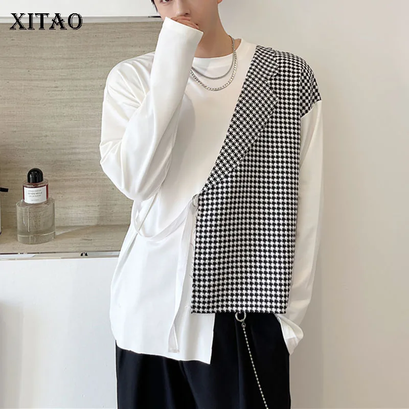 

XITAO False Two Piece Sweatshirt Fashion New Women Pullover Patchwork Small Fresh Casual Style Lose Hit Color Loose Top WMD2031