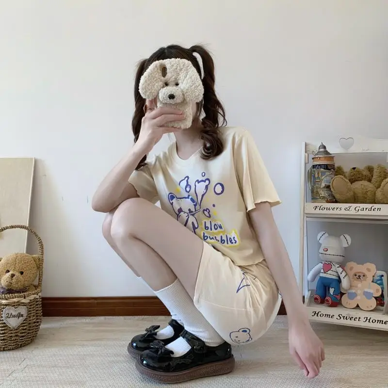 

Kawaii Harajuku Mini Skirts Women Cute Bear Print High Waist A-line Skirt Summer Preppy Style Japanese Soft Girl Casual