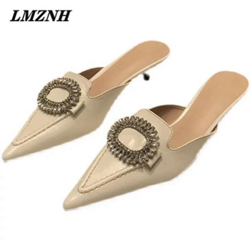 

LMZNH Brand High-Quality Women Mules Sandals Rhinestones Pointed Toe Slip-On Women Slides Summer Non-Slip Leisure Women Shoes