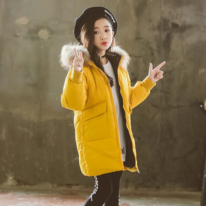 Fashion Children Winter Down Cotton Jacket Girl Clothing Kids Clothes Warm Thick Parka Fur Collar Hooded Long Coats Outfits