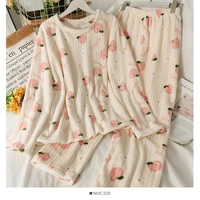 oumea women winter print sleepwear sweet thick fleece pajama women print velvet cute 2 pieces set flannel loungewear
