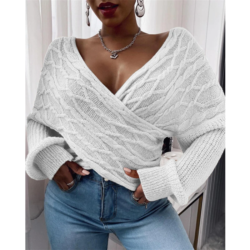 

2021 White V-neck Batwing Oversized Knitwear Sleeve Solid Sweater Women Autumn Winter Y2K Clothes Office Lady Top Streetwear