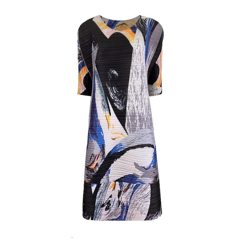 

TVVOVVIN 2021 Spring New Print Round Neck Pleated Dress Large Size Fashion Printed Female Knee-length A-line Dress PE4H