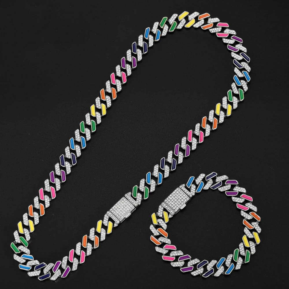 

Мужской чокер из кубинской цепи, сверкающее ожерелье в стиле хип-хоп 13 мм, колье с цветным кубическим цирконием, с застежкой, s Link