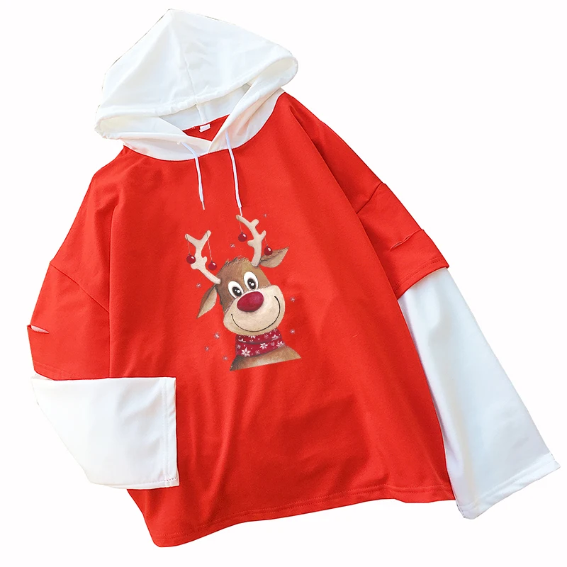 

Kawaii Deer Print Hoodies Popular MerryChrismats Lovely Streetwear Hooded Women Funny Pullover Tops Fake Two Pieces Sweatshir
