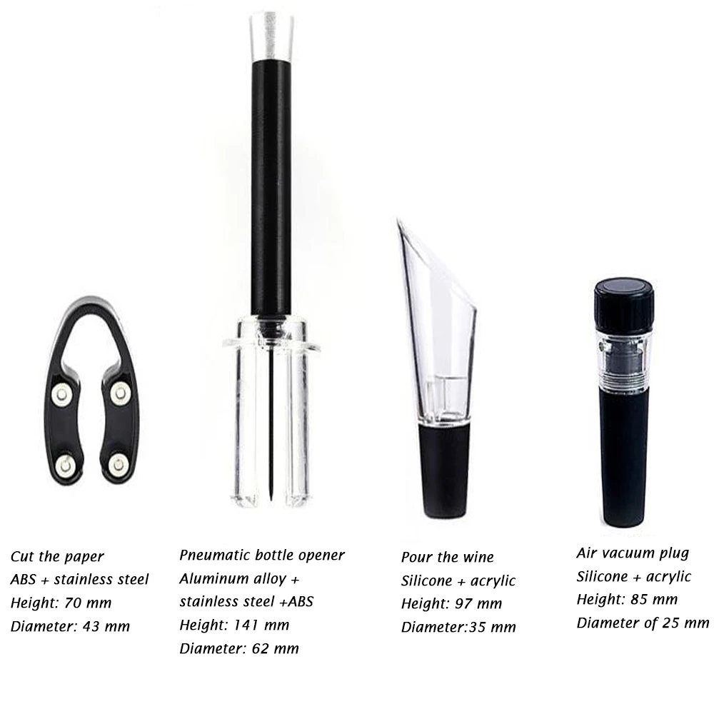 

4 Pcs/set Red Wine Opener Air Pressure Pump Bottle Opener Corkscrews With Vacuum Stopper & Wine Pourer Bar Kitchen Gadgets
