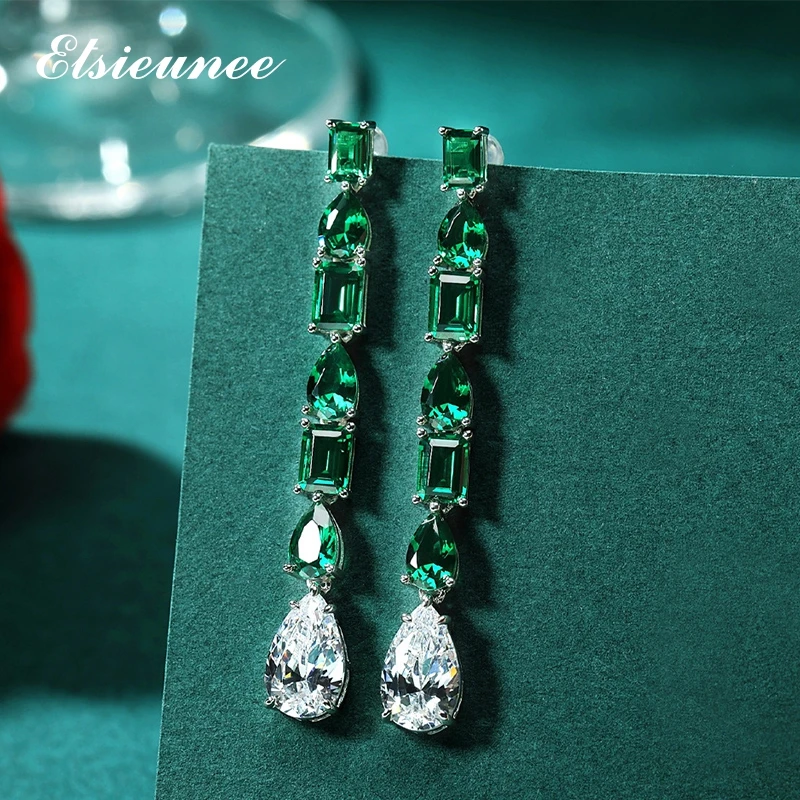 

ELSIEUNEE 100% 925 Sterling Silver Simulated Moissanite Emerald Earrings for Women Bridal Long Dangle Drop Earrings Fine Jewelry