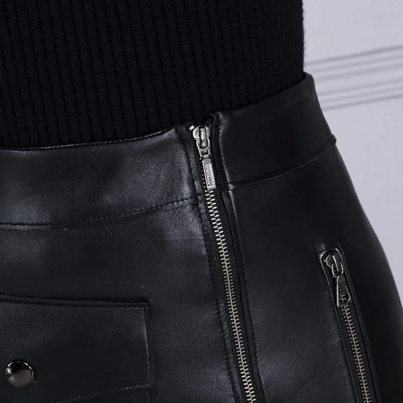 

Korean Style Womens New Genuine Leather High Waist Pencil Skirt Zippers Pockets Split High Quality Sheepskin Knee Length Skirt