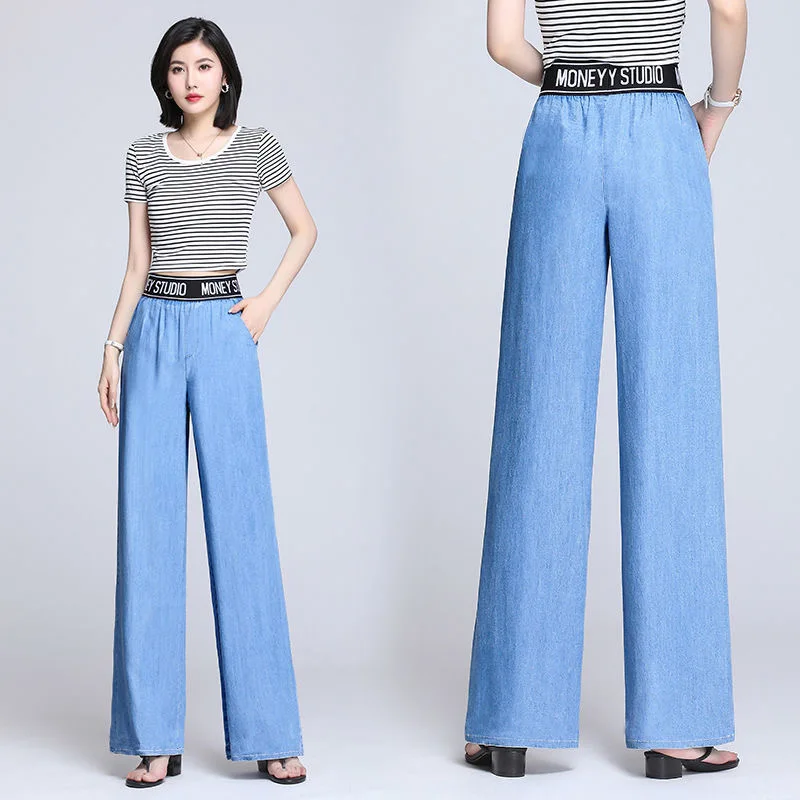 

Summer Women Cool Tencel Wide Leg Jeans Elastic High Waist Embroidery Letters Loose Straight Drape Denim Pants Solid Trousers