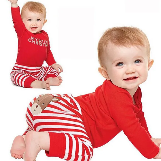 

Autumn Winter Christmas Newborn Boys Girls Clothing 2PCS Sets Striped Long Pants+Printed Overalls Infant Pajamas Outfits 6M-24M