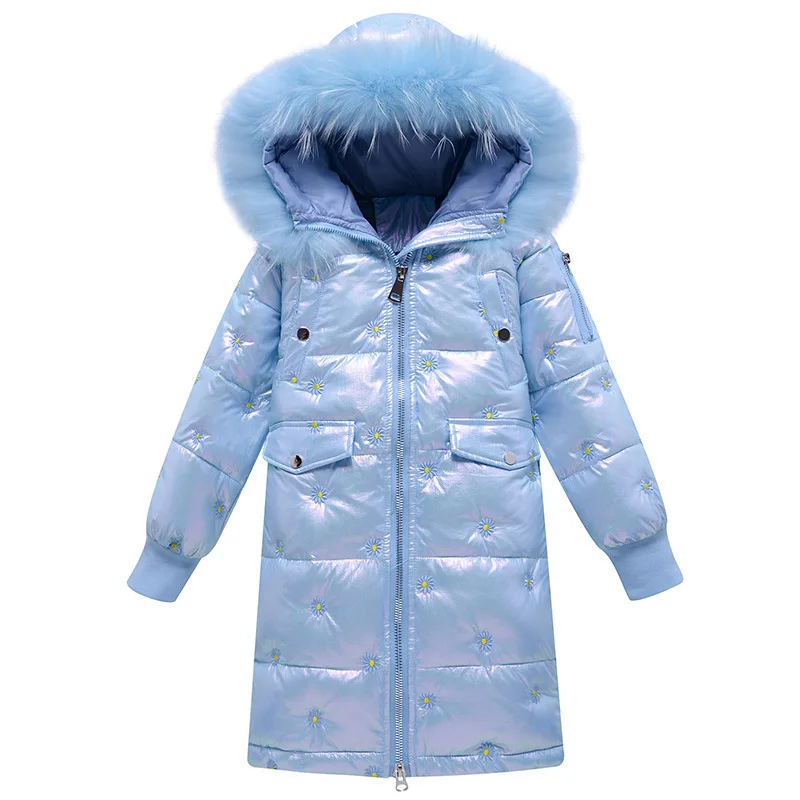 Kids Coat For Girls Winter Warm Down Jacket Bright Face Coat Parka Real Fur Teenager Daisy Thickening Outerwear Cold Winter -30