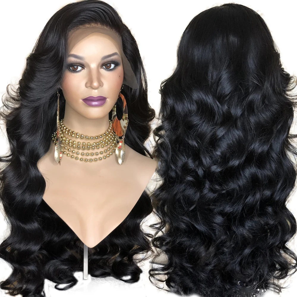 

FANXITON Synthetic Lace Front Wig For Women Black Body Wave Wig Glueless High Temperature Fiber Hair Wigs With Bangs Side Part