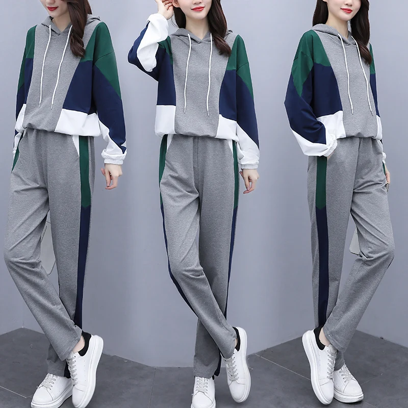 Autumn Women Patchwork Two Piece Set Plus Size Long Sleeve Hooded Tops And Pant Matching Outfits Casual Tracksuit Sport Suit | Женская