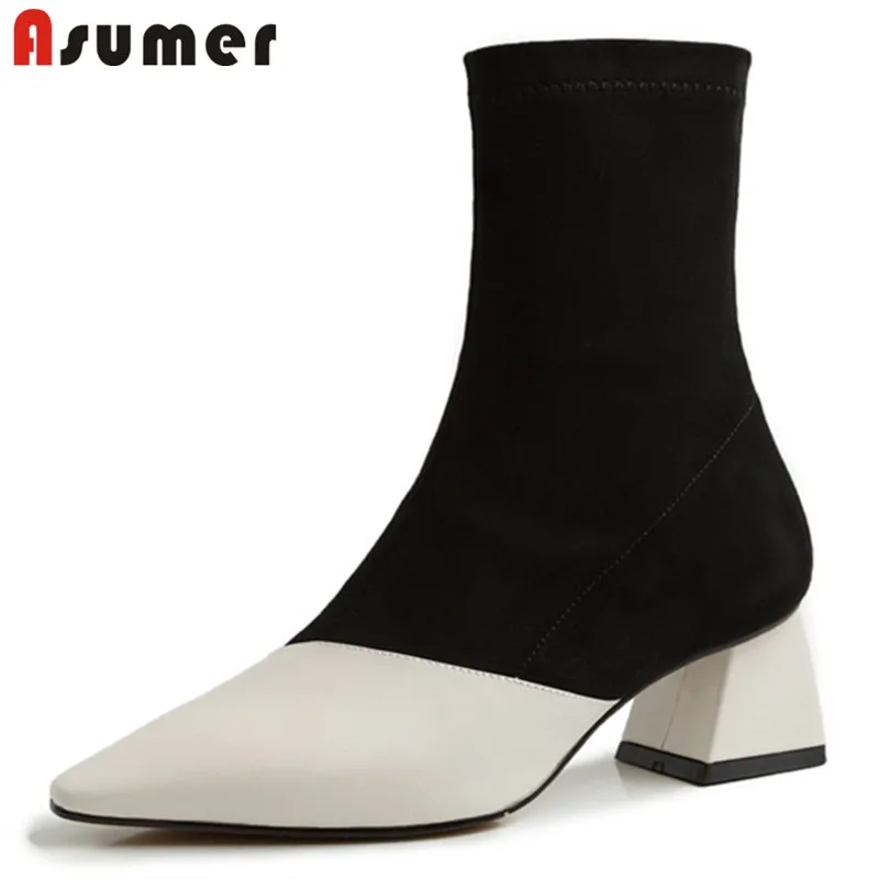 

ASUMER 2021 new arrive ankle boots women flock +genuine leather shoes mixed colors fashion autumn winter Elastic boots ladies