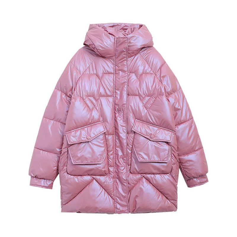 

Snow Wear Glossy Medium Long Parkas Winter Jacket Women Windproof Bread Style Loose Thicken Zipper Pockets Warm Hooded Coat S230