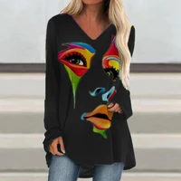 2021 womens loose pullovers long tops ladies tee casual abstract face print shirts long sleeve top fashion t shirt s 5xl black