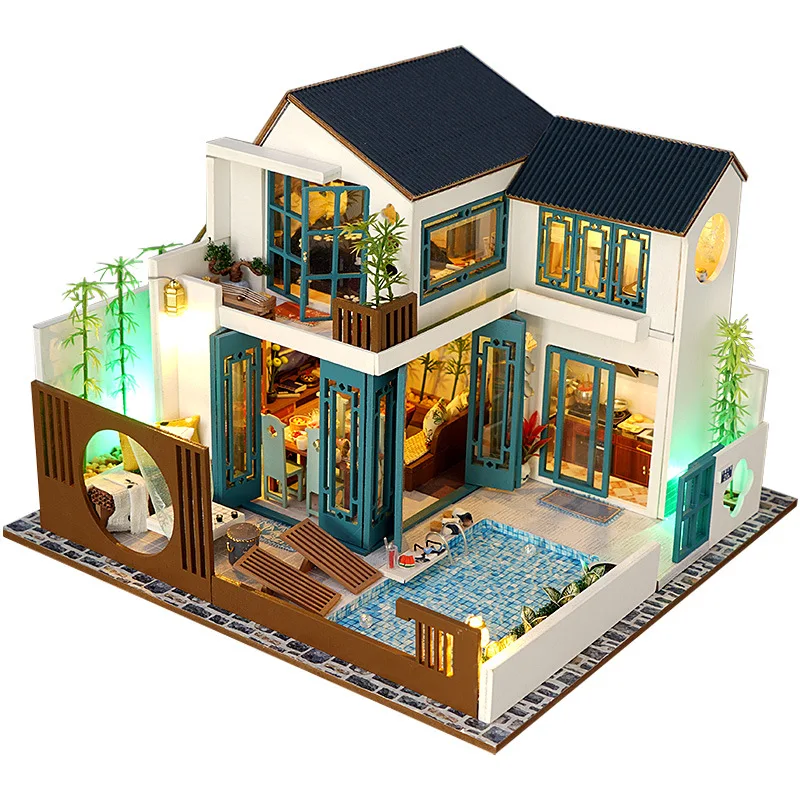 

DIY Wooden Blocks Doll House Ancient Style Mansion Miniature Model Building Kit Toys Creative Birthday Christmas Children Gifts