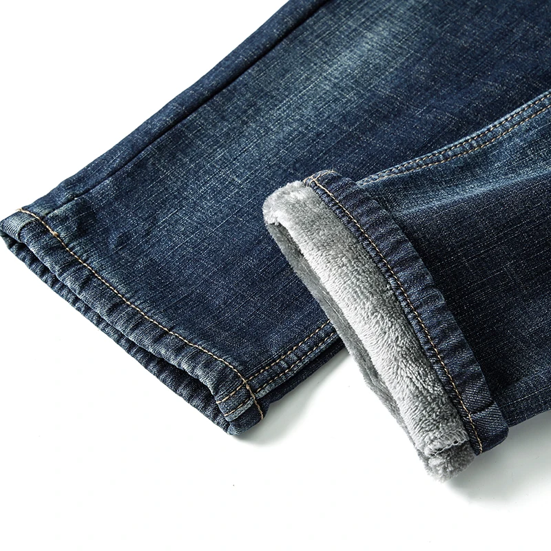 Мужские утепленные джинсы из денима эластичные облегающие синие с