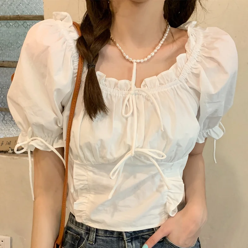 

Young Girl White Shorts Blouse Shirt Women's Blusas Cotton Spring New Shorts Sleeve Loose Sexy Cute Top Blouse Shirts Women Blue