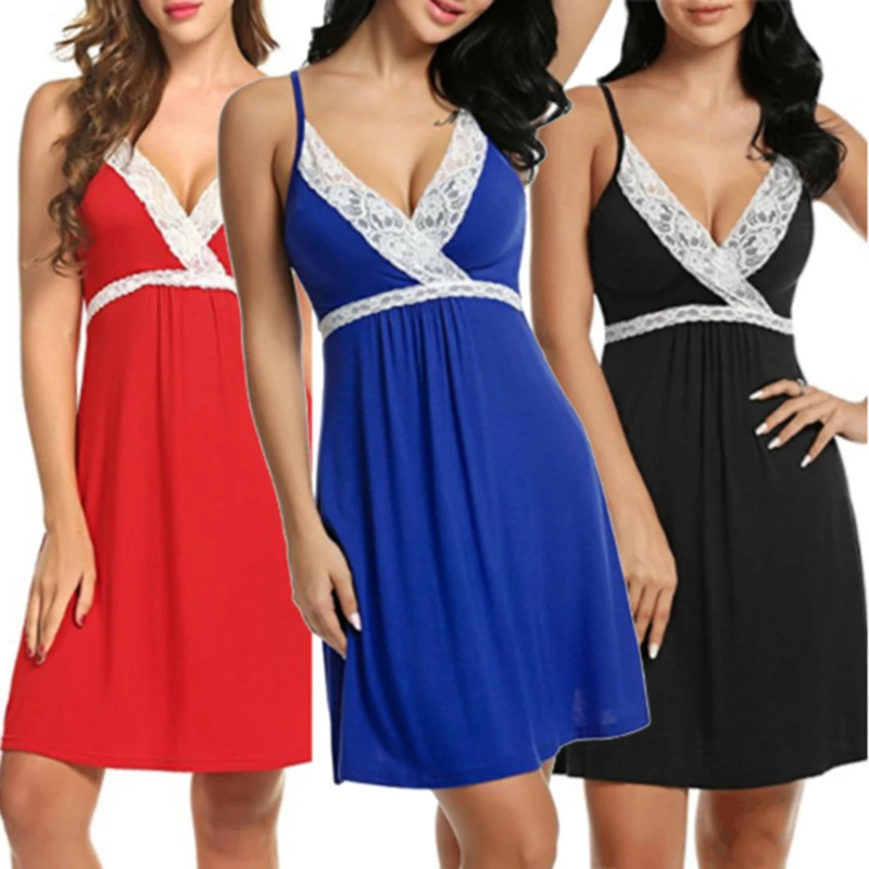 

Sexy Dress Women Silk Nightgown Dress Lace Night Sleepwear Babydoll Nightie Satin Homewear Chest Pad Nightwear