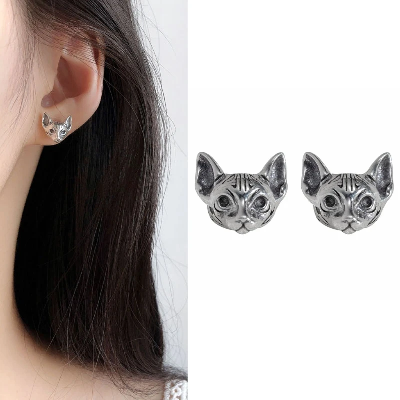 

Vintage Silver Plated Sphink Cat Stud Earrings Punk Cat Ear Studs Unisex Jewelry E56A