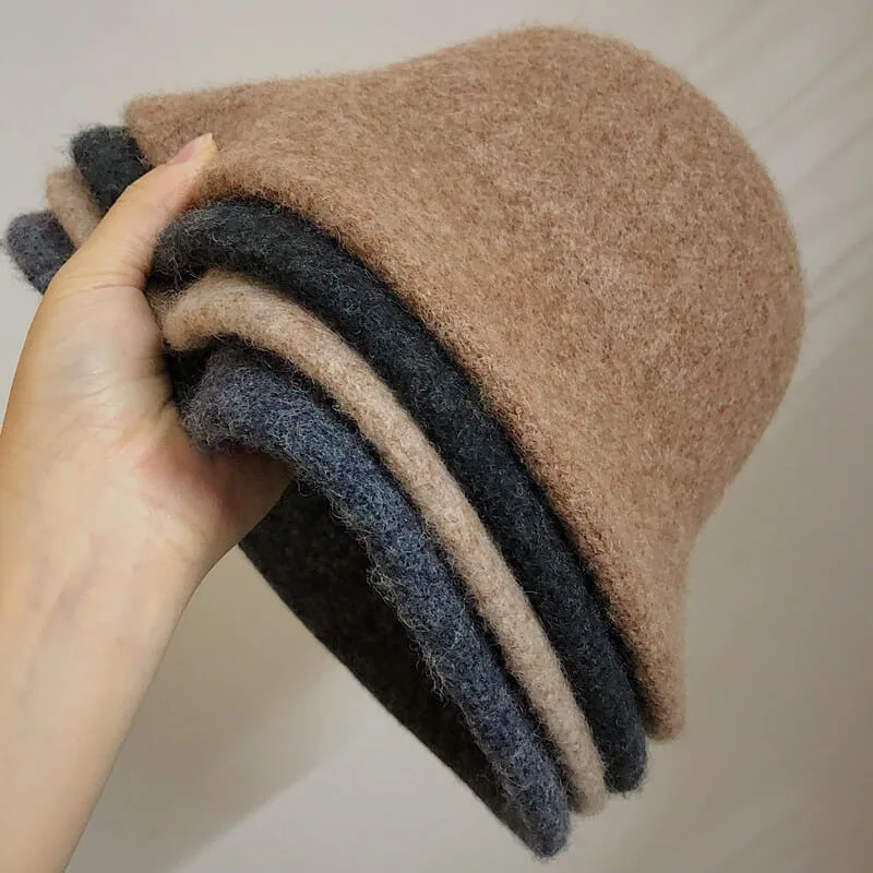 

Autumn Winter Women's Bucket hat High quality thick wool Fisherman hat women Japanese foldable Bob caps Vintage felt hat
