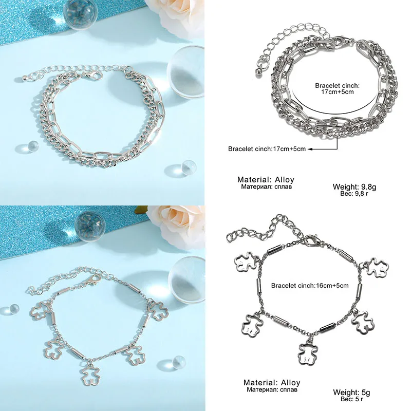 

FAMSHIN Punk Cross Heart Charm Bracelet Mulitlayer Chain Coin Bear Bracelets & Bangles For Women Party Silver Color Jewlery Gift