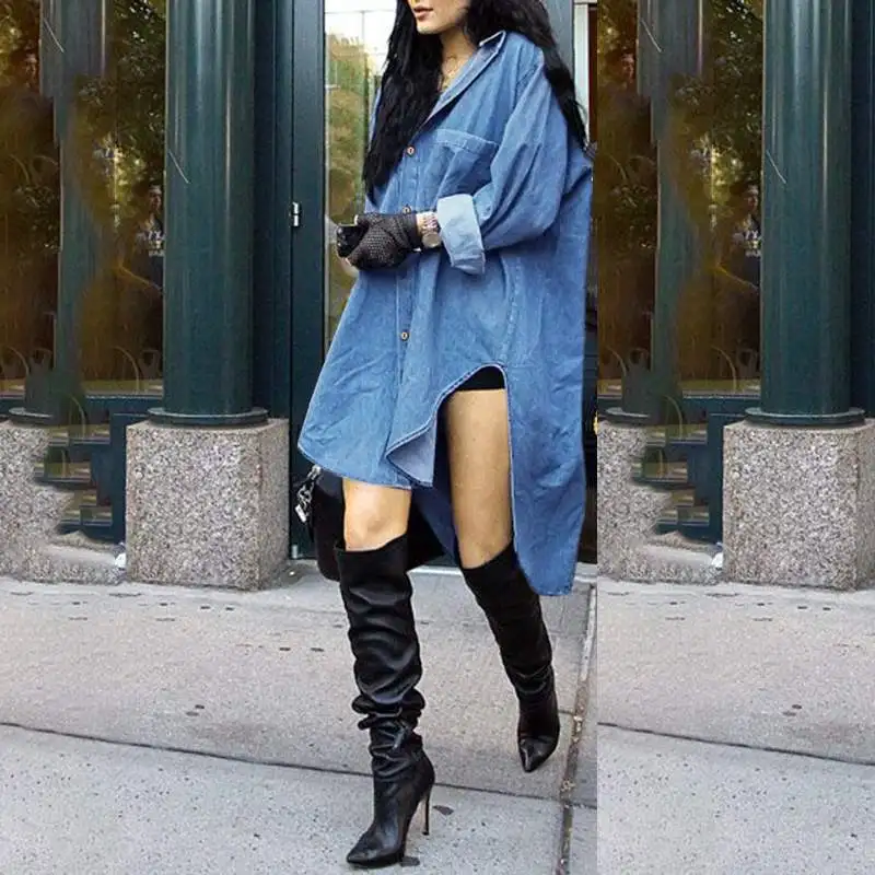 

Denim Tops 2022 VONDA Women Autumn Lapel Button Up Long Sleeve Long Blouse Irregular Shirts Bohemian Blusas Femininas Oversized