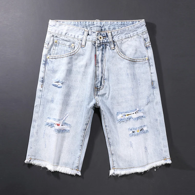 

Summer Newly Fashion Men Jeans Retro Light Blue Destroyed Ripped Denim Shorts Streetwear Patchwork Designer Short Jeans Men