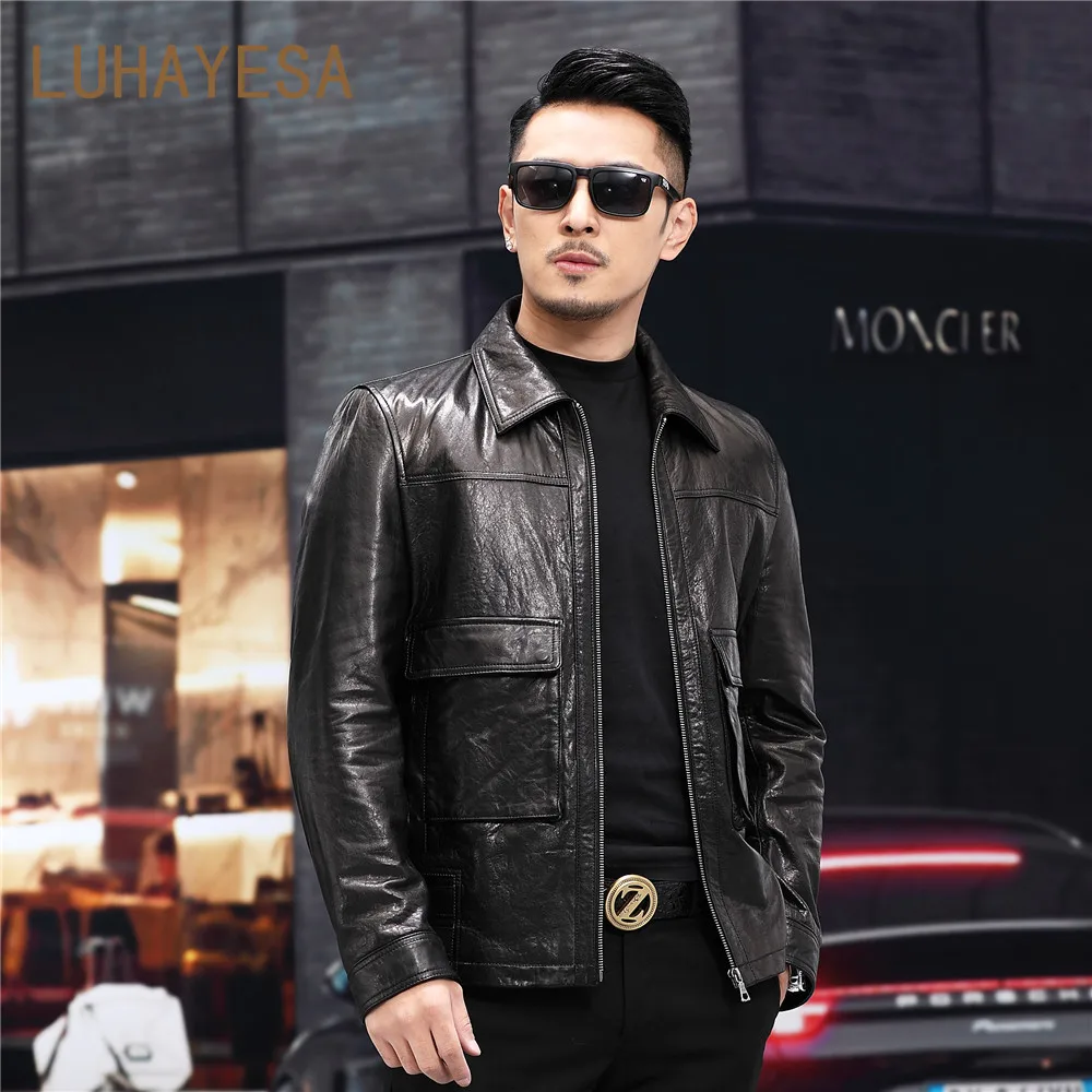 

LUHAYESA Oil Wax Sheepskin Genuine Leather Jacket Casual Autumn Spring Natural Sheepskin Leather Overcoat Clothes