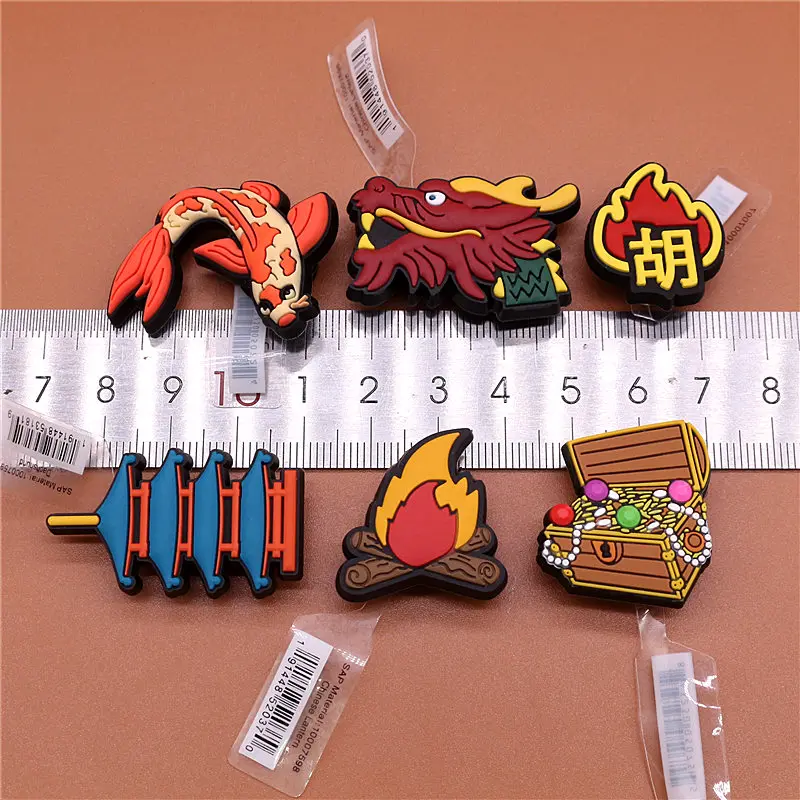 Original PVC Croc Shoe Charms Novel Dragon Fish Flame Treasure Pagoda Shoes Decorations Buckle for Jibz Kids Party Gifts U202