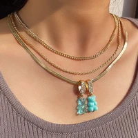 new fashion blue crystal bear gummy pendant necklace for women multi layer gold color snake chain metal link necklace jewelry