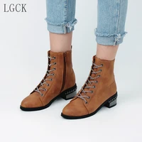 plus size 34 48 women shoes fashion vintage boots thick short boots leather ankle boots winter warm lace up punk martin boots