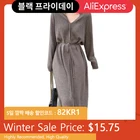 Женское трикотажное платье с длинным рукавом, повседневное однотонное трикотажное платье с V-образным вырезом в японском стиле, Осень-зима 2021